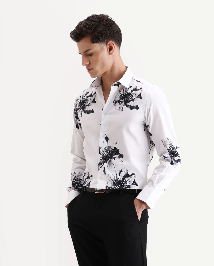 Rare Rabbit Men's Aver White Cotton Fabric Collared Neck Regular Fit Floral Print Shirt