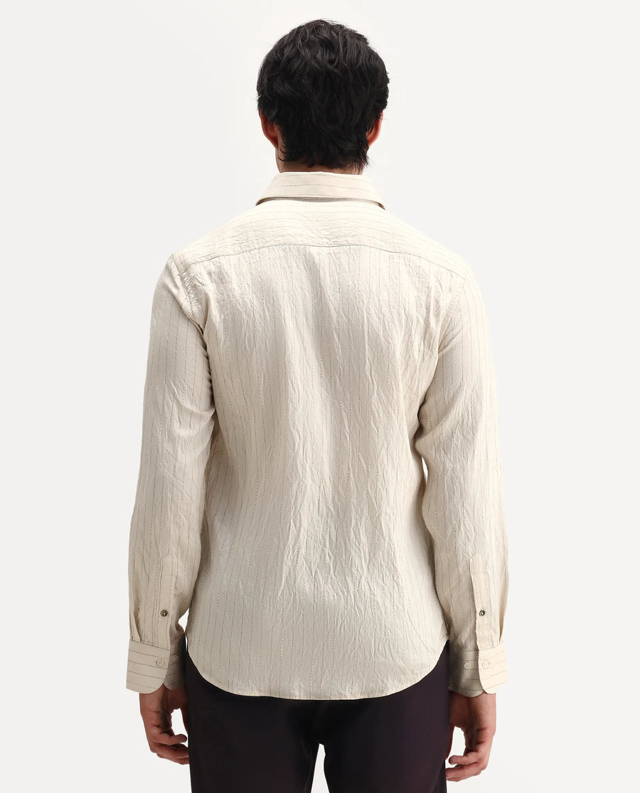 Rare Rabbit Men's Avid White Viscose Fabric Spread Collar Regular Fit Striped Shirt