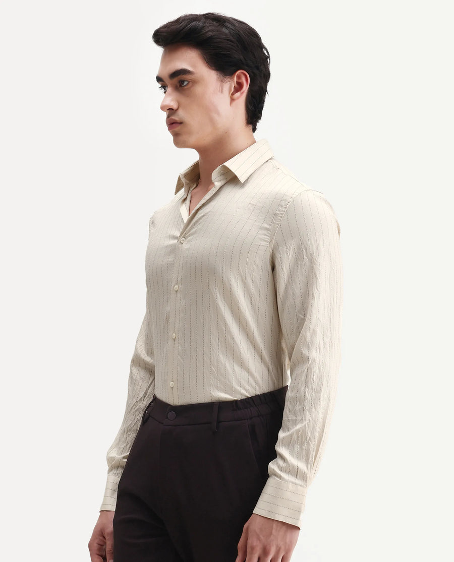 Rare Rabbit Men's Avid White Viscose Fabric Spread Collar Regular Fit Striped Shirt