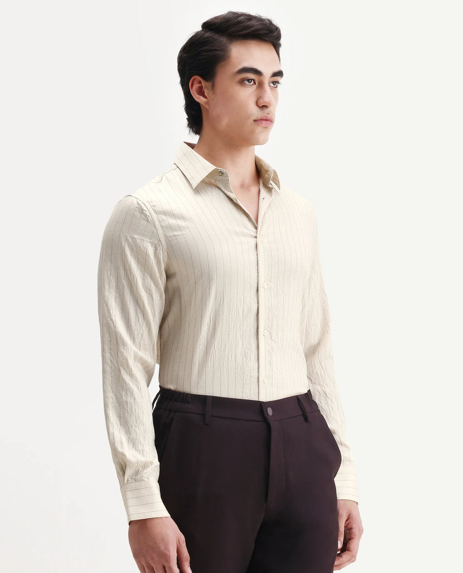 Rare Rabbit Men's Avid White Viscose Fabric Spread Collar Regular Fit Striped Shirt