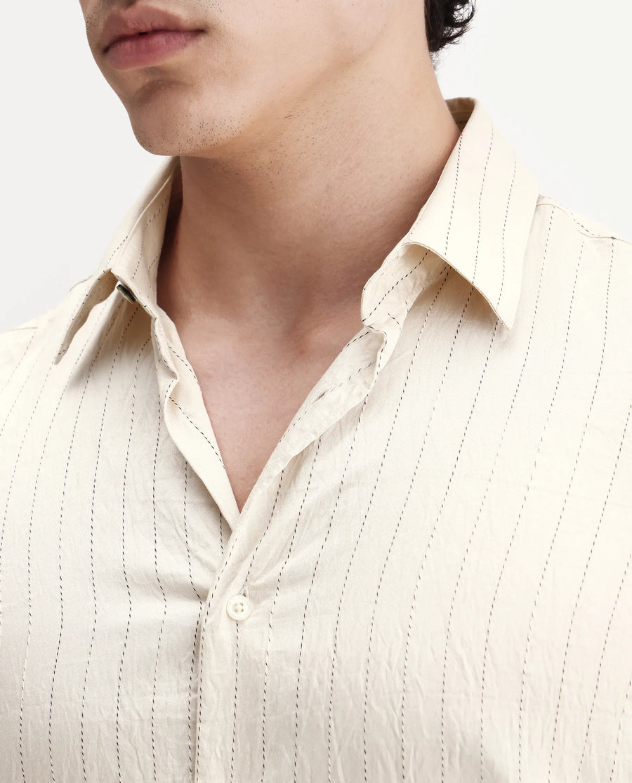Rare Rabbit Men's Avid White Viscose Fabric Spread Collar Regular Fit Striped Shirt