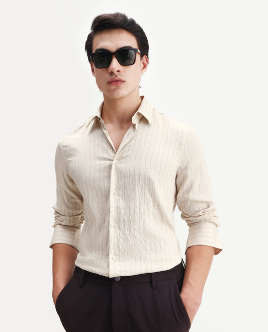 Rare Rabbit Men's Avid White Viscose Fabric Spread Collar Regular Fit Striped Shirt