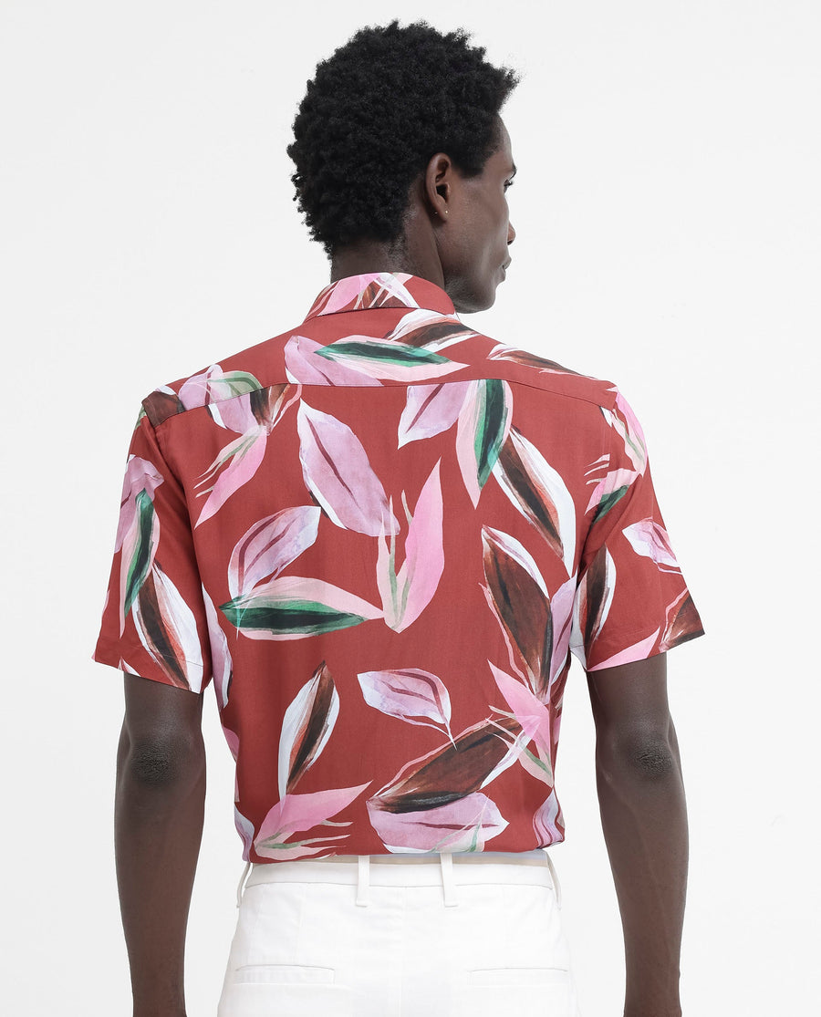 Rare Rabbit Men's Aviot Rust Viscose Tropical Print Regular Fit Half Sleeve Collared Shirt