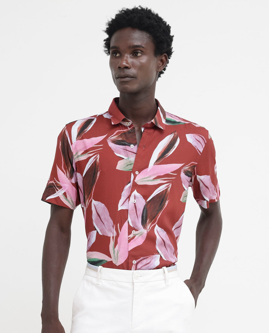 Rare Rabbit Men's Aviot Rust Viscose Tropical Print Regular Fit Half Sleeve Collared Shirt