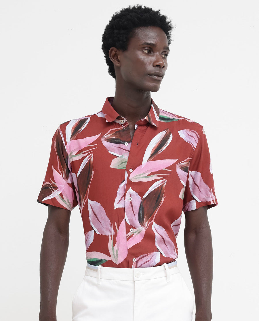 Rare Rabbit Men's Aviot Rust Viscose Tropical Print Regular Fit Half Sleeve Collared Shirt
