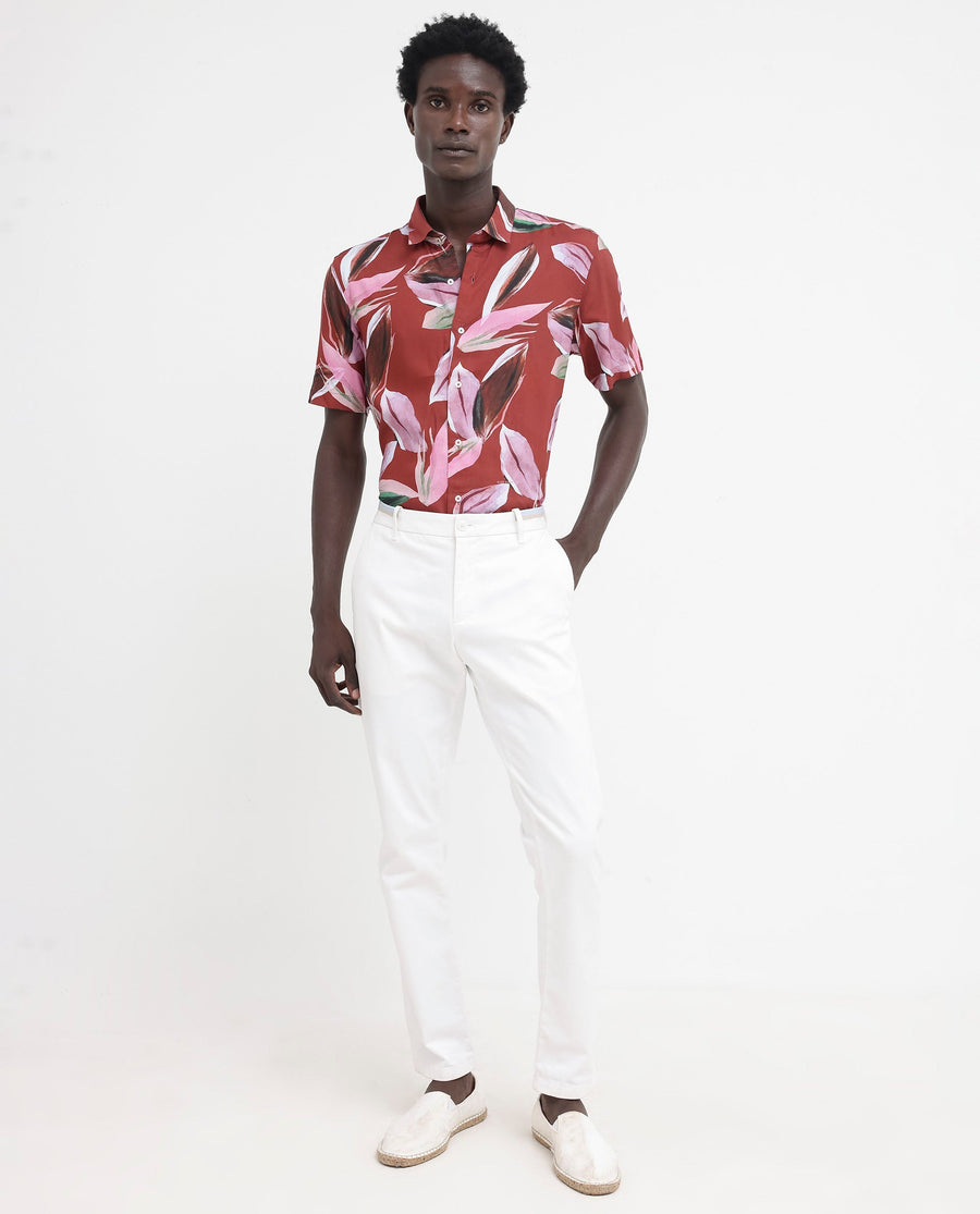 Rare Rabbit Men's Aviot Rust Viscose Tropical Print Regular Fit Half Sleeve Collared Shirt