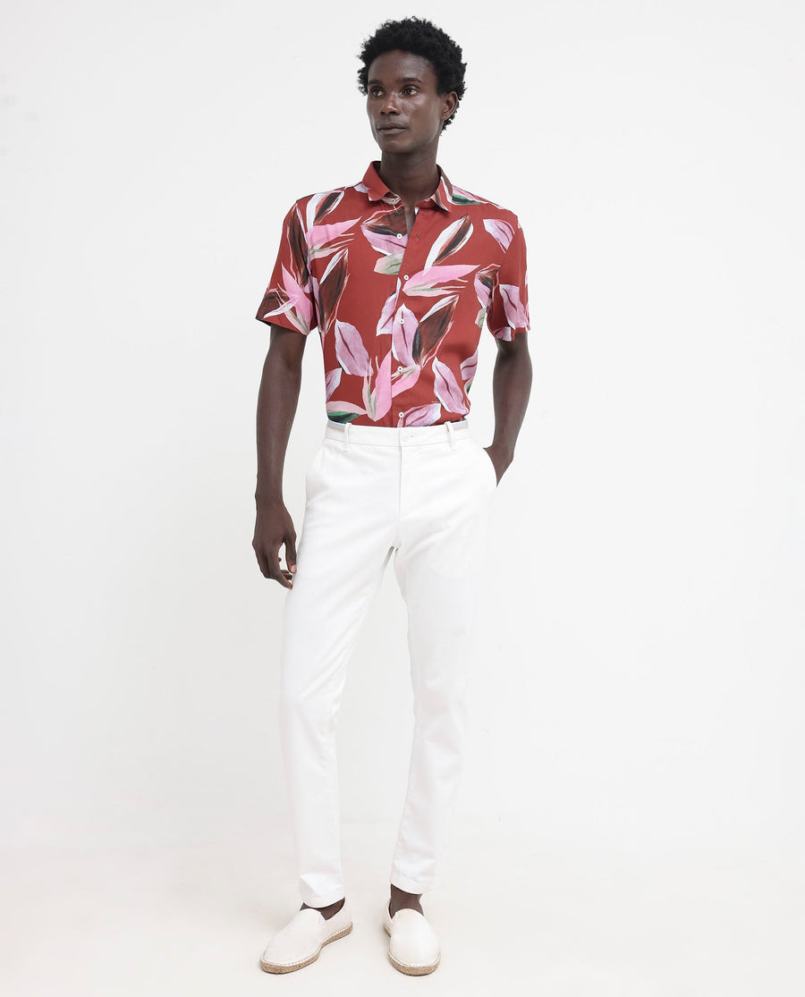 Rare Rabbit Men's Aviot Rust Viscose Tropical Print Regular Fit Half Sleeve Collared Shirt
