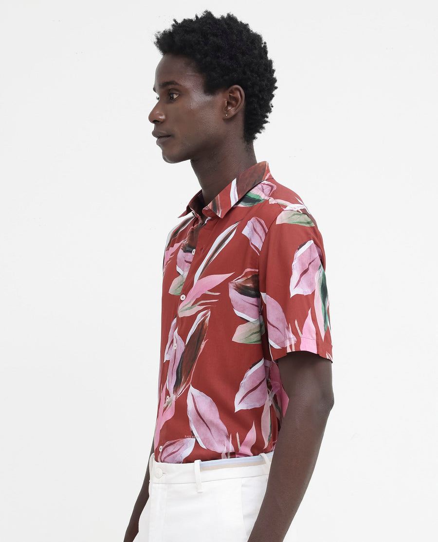 Rare Rabbit Men's Aviot Rust Viscose Tropical Print Regular Fit Half Sleeve Collared Shirt