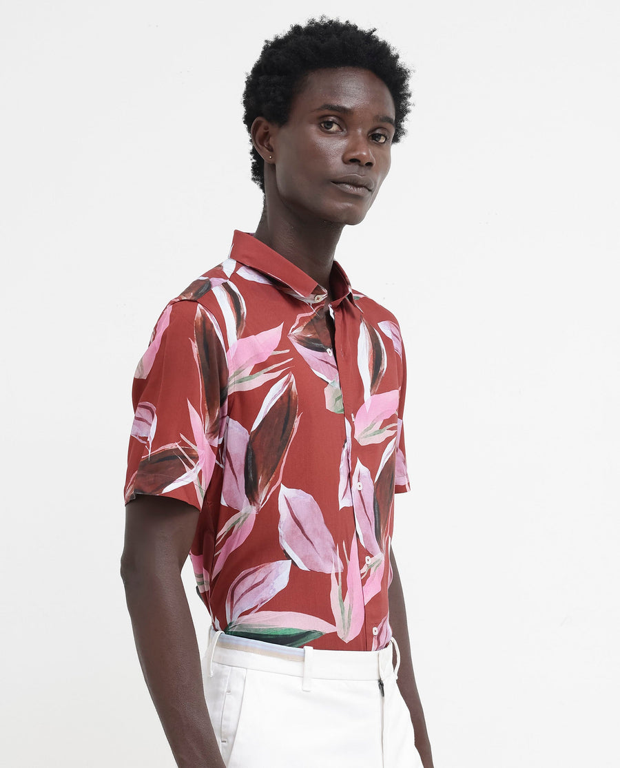 Rare Rabbit Men's Aviot Rust Viscose Tropical Print Regular Fit Half Sleeve Collared Shirt
