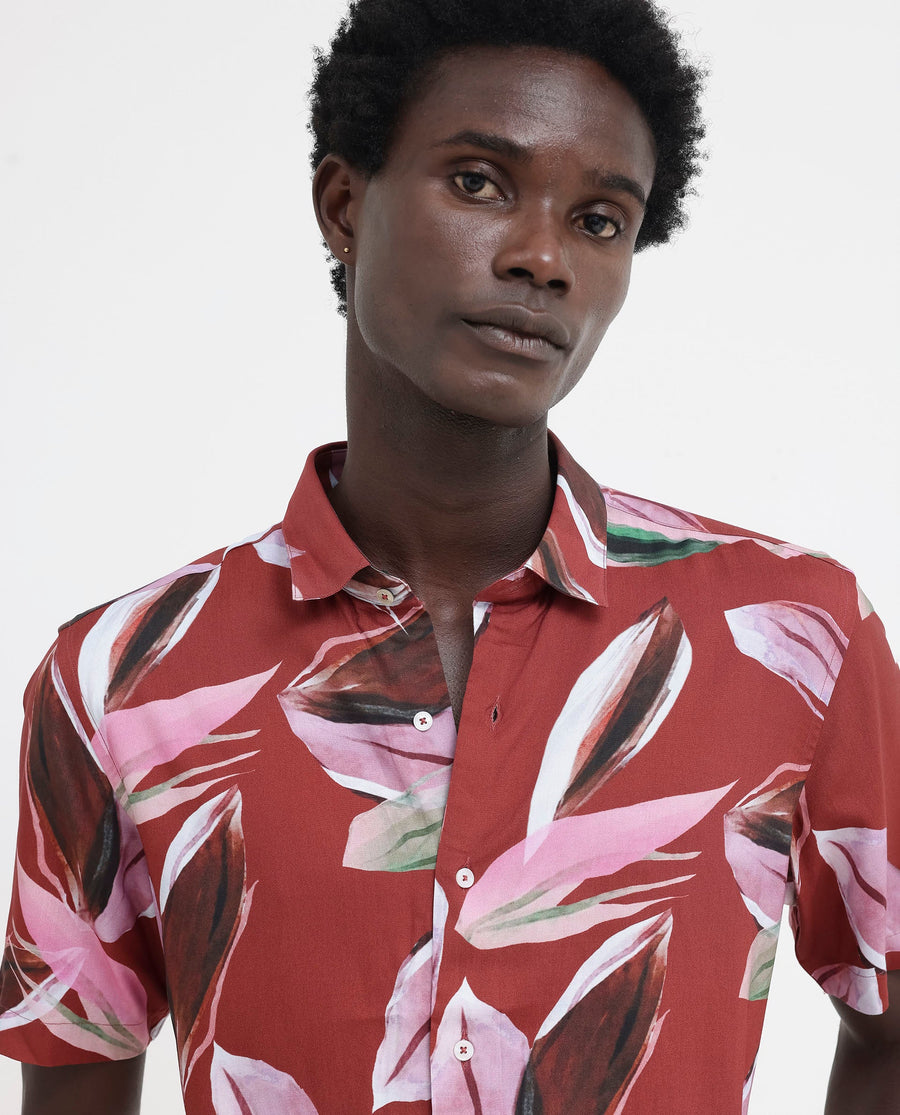 Rare Rabbit Men's Aviot Rust Viscose Tropical Print Regular Fit Half Sleeve Collared Shirt