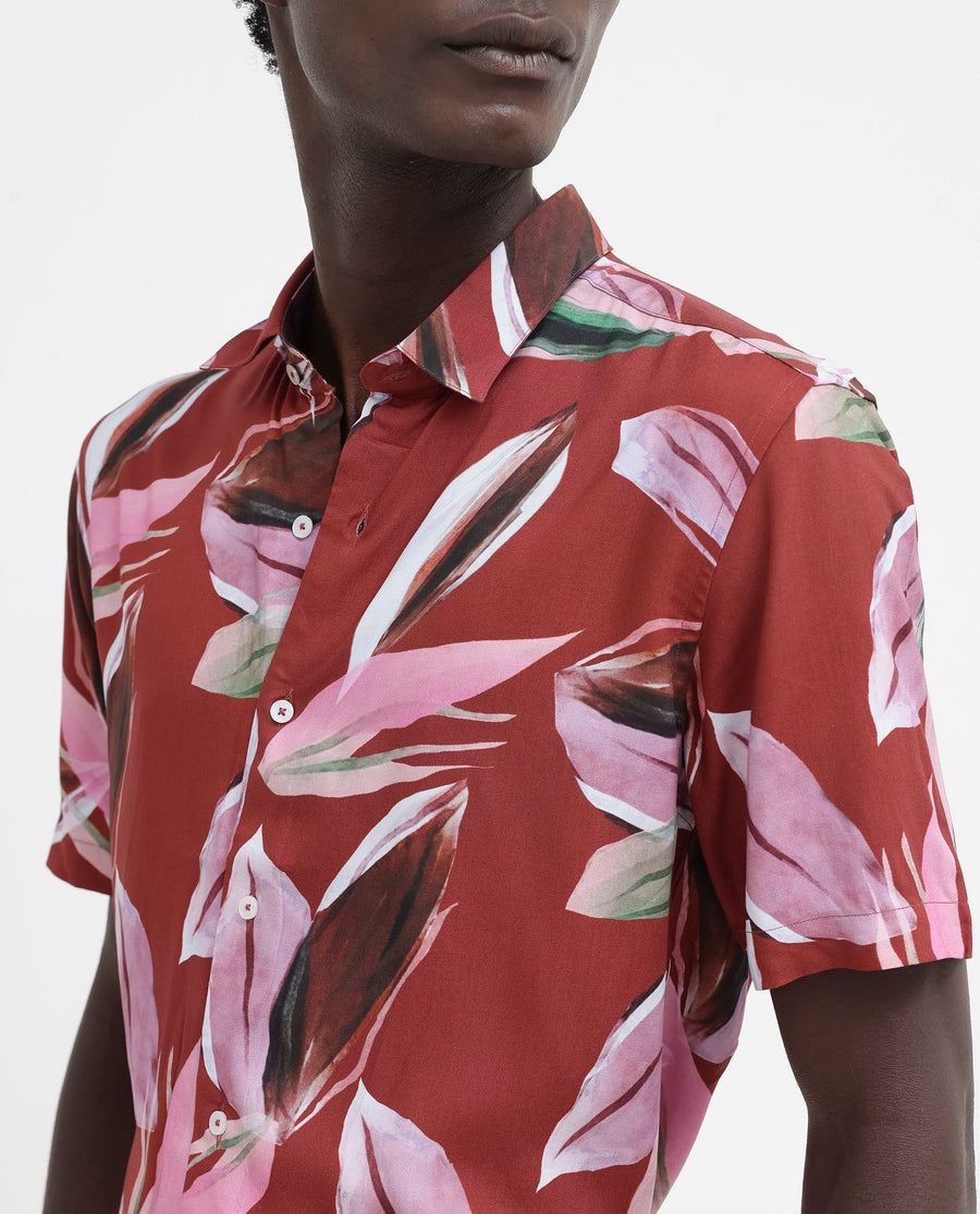 Rare Rabbit Men's Aviot Rust Viscose Tropical Print Regular Fit Half Sleeve Collared Shirt