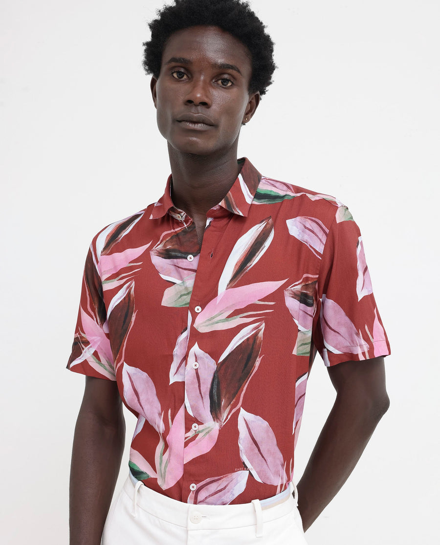Rare Rabbit Men's Aviot Rust Viscose Tropical Print Regular Fit Half Sleeve Collared Shirt