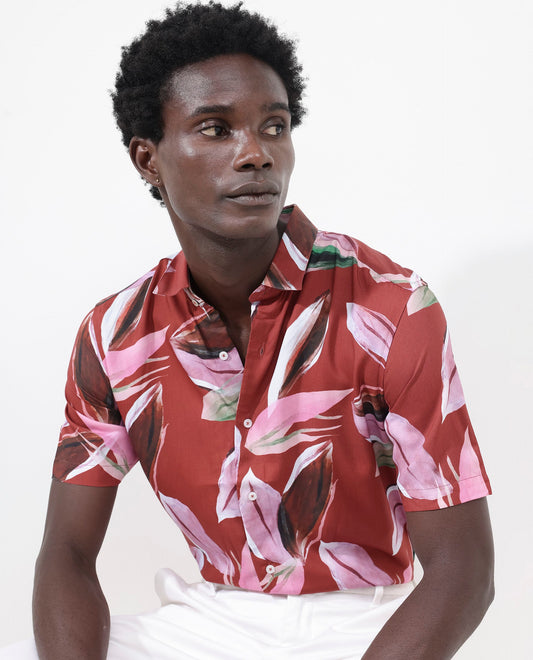 Rare Rabbit Men's Aviot Rust Viscose Tropical Print Regular Fit Half Sleeve Collared Shirt