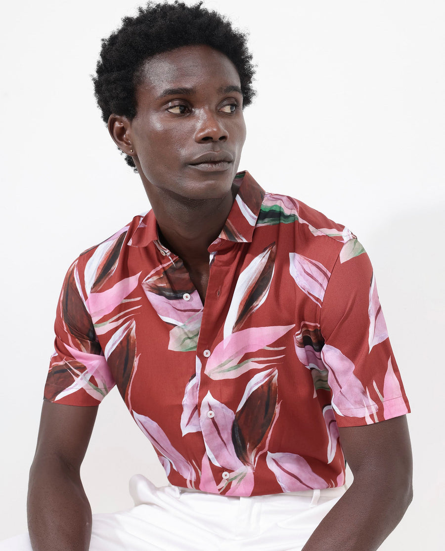 Rare Rabbit Men's Aviot Rust Viscose Tropical Print Regular Fit Half Sleeve Collared Shirt