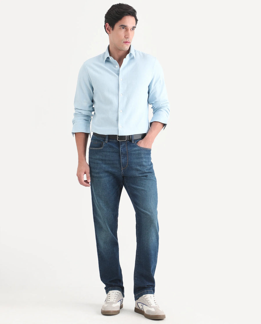 Rare Rabbit Men's Axel M Blue Cotton Blend Morris Regular Fit Plain Jeans