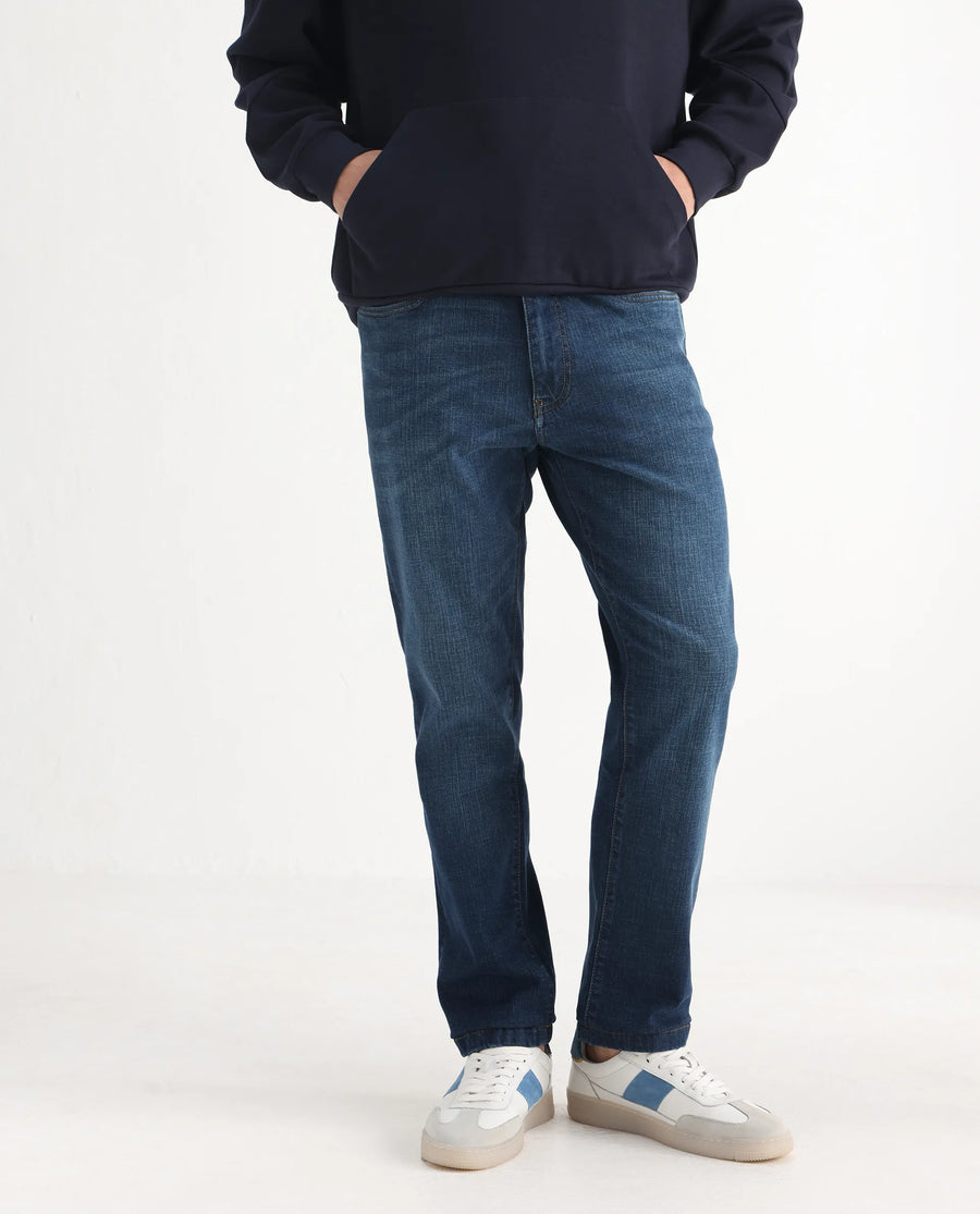Rare Rabbit Men's Axel Blue Cotton Blend Plain Morris Regular Fit Jeans