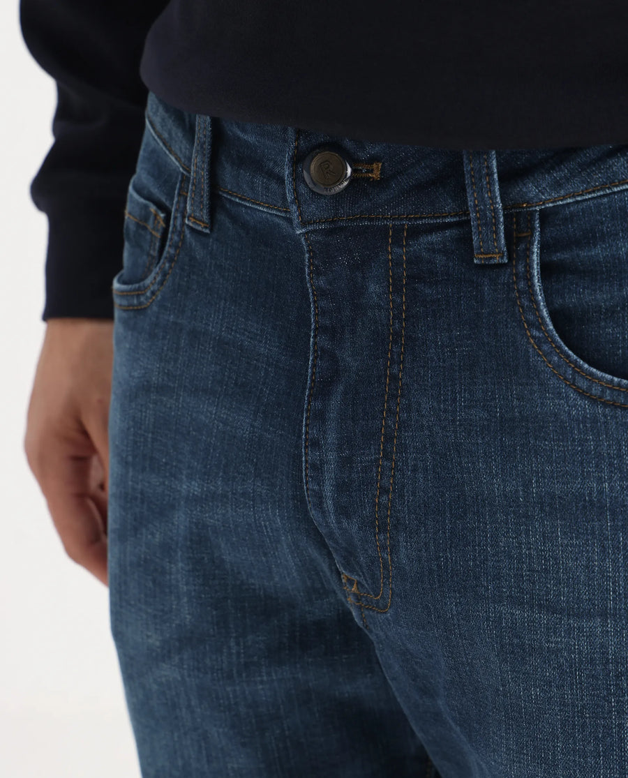 Rare Rabbit Men's Axel Blue Cotton Blend Plain Morris Regular Fit Jeans