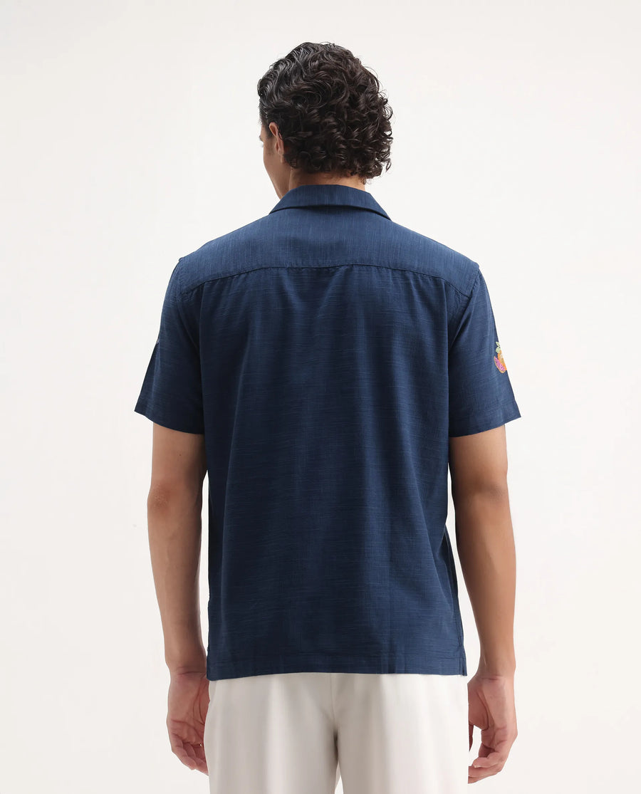 Rare Rabbit Men's Axels Navy Cotton Blend Embroidered Relaxed Fit Half Sleeve Cuban Collar Shirt