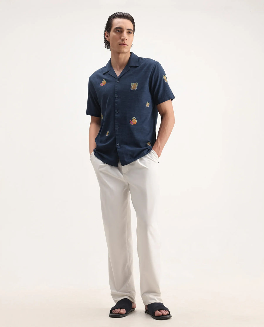 Rare Rabbit Men's Axels Navy Cotton Blend Embroidered Relaxed Fit Half Sleeve Cuban Collar Shirt