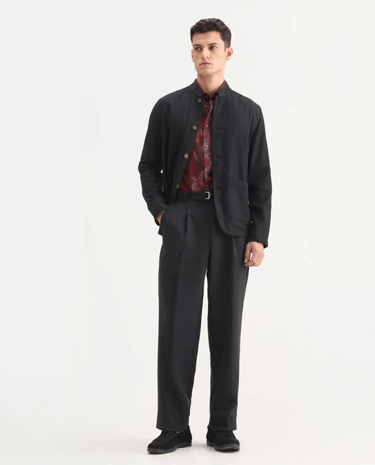 Rare Rabbit Men's Axie Black Cotton Blend Plain Wide Leg Trouser