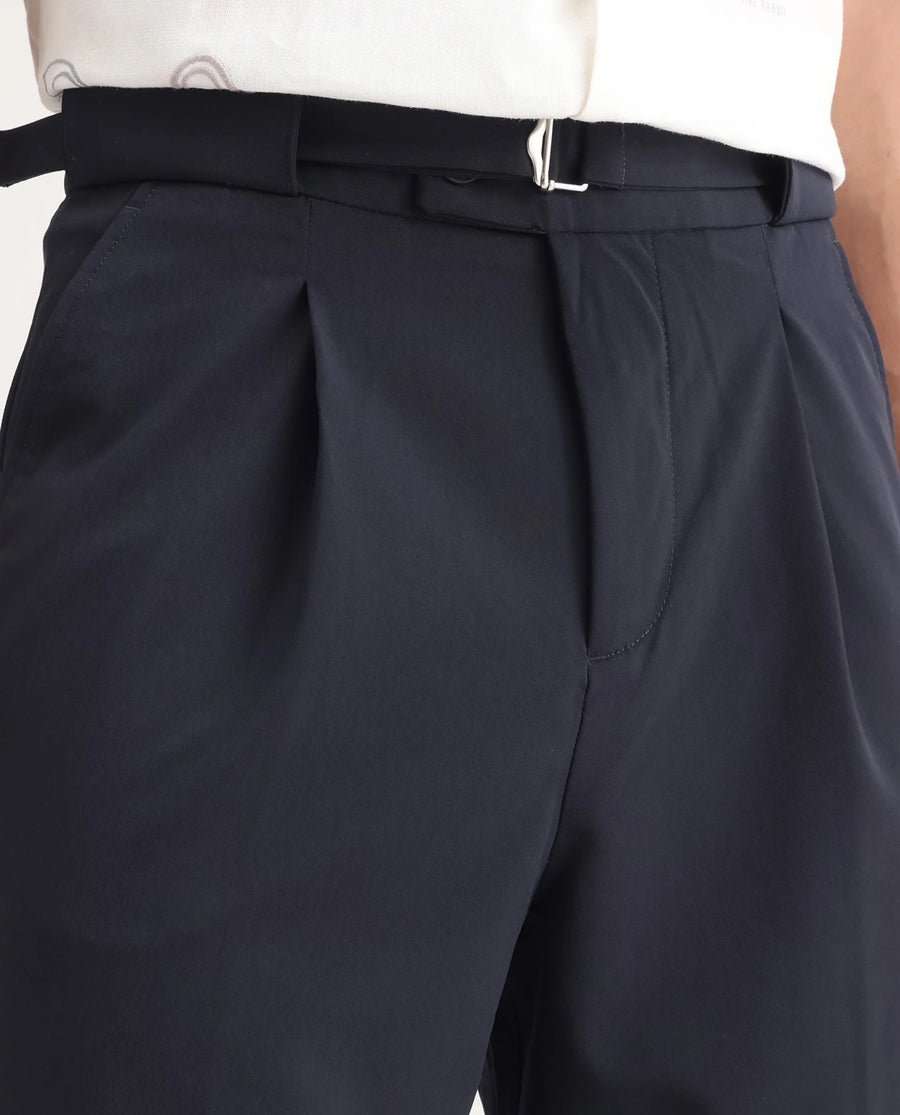 Rare Rabbit Men's Axie Navy Cotton Blend Plain Wide Leg Trouser