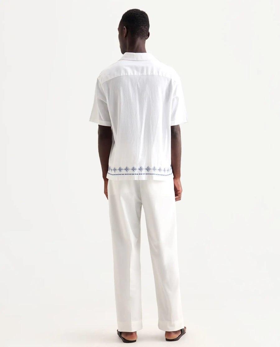 Rare Rabbit Men's Axie White Cotton Blend Plain Wide Leg Trouser