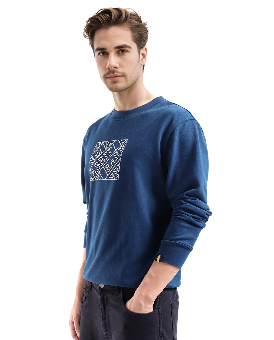 Rare Rabbit Men's Axton Dark Blue Cotton Graphic Print Regular Fit Full Sleeve Crew Neck Sweatshirt