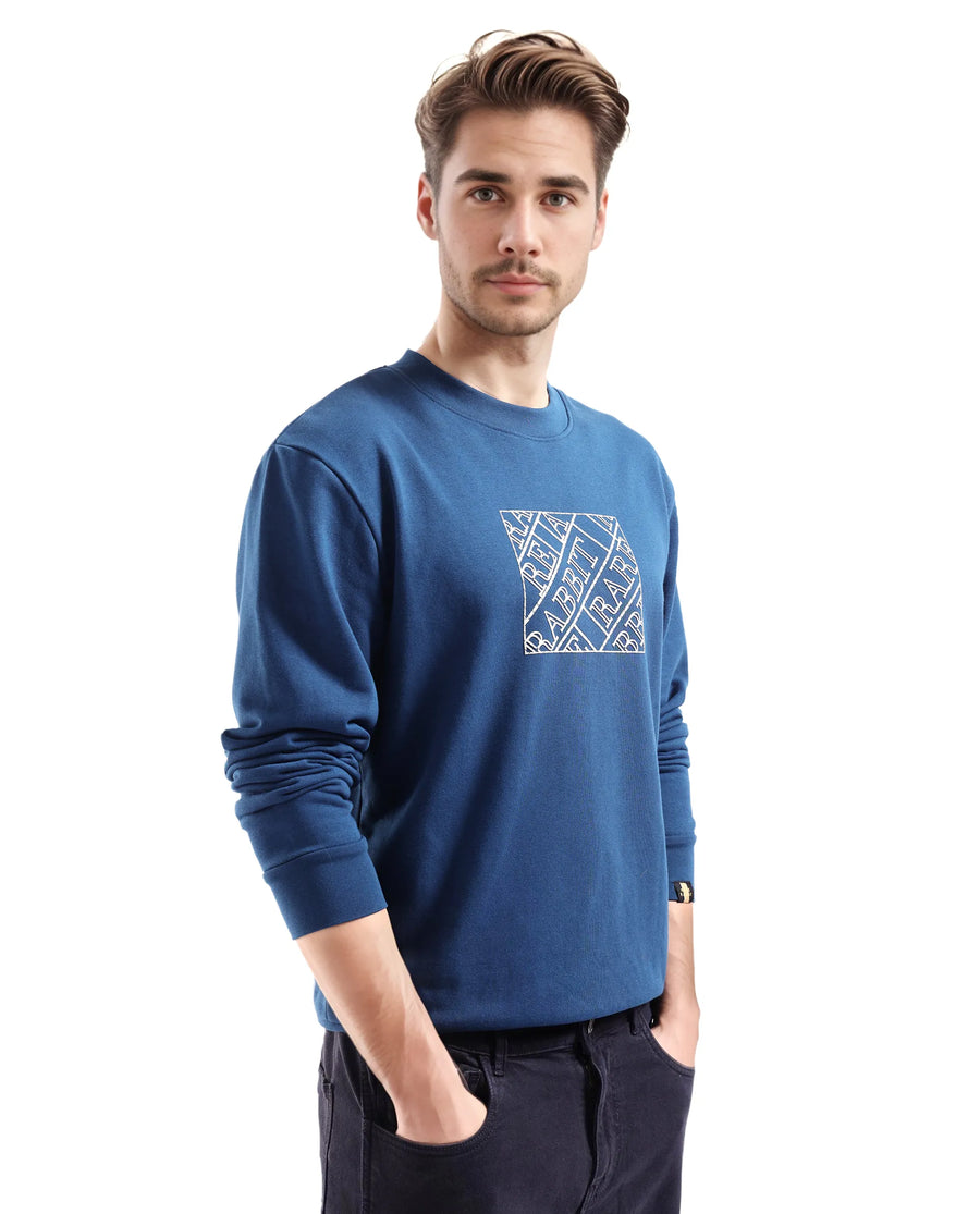 Rare Rabbit Men's Axton Dark Blue Cotton Graphic Print Regular Fit Full Sleeve Crew Neck Sweatshirt