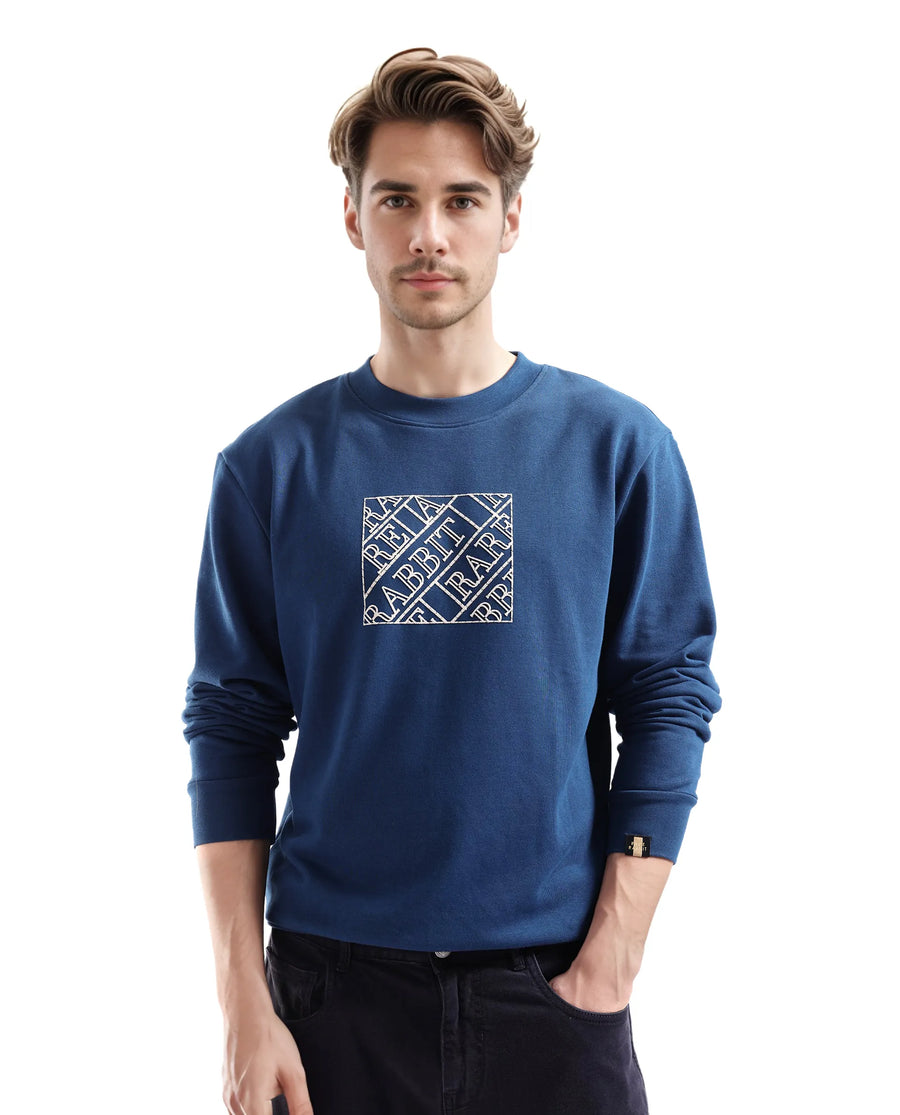 Rare Rabbit Men's Axton Dark Blue Cotton Graphic Print Regular Fit Full Sleeve Crew Neck Sweatshirt