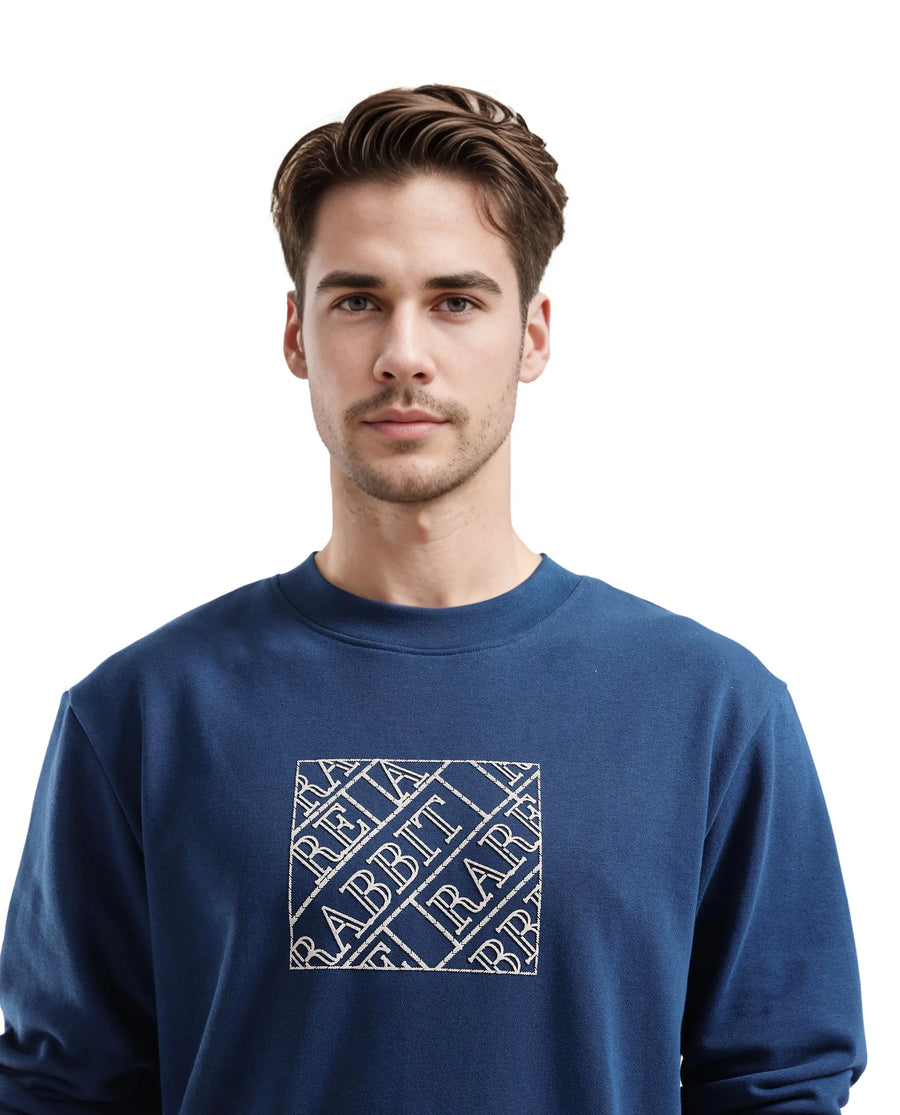 Rare Rabbit Men's Axton Dark Blue Cotton Graphic Print Regular Fit Full Sleeve Crew Neck Sweatshirt