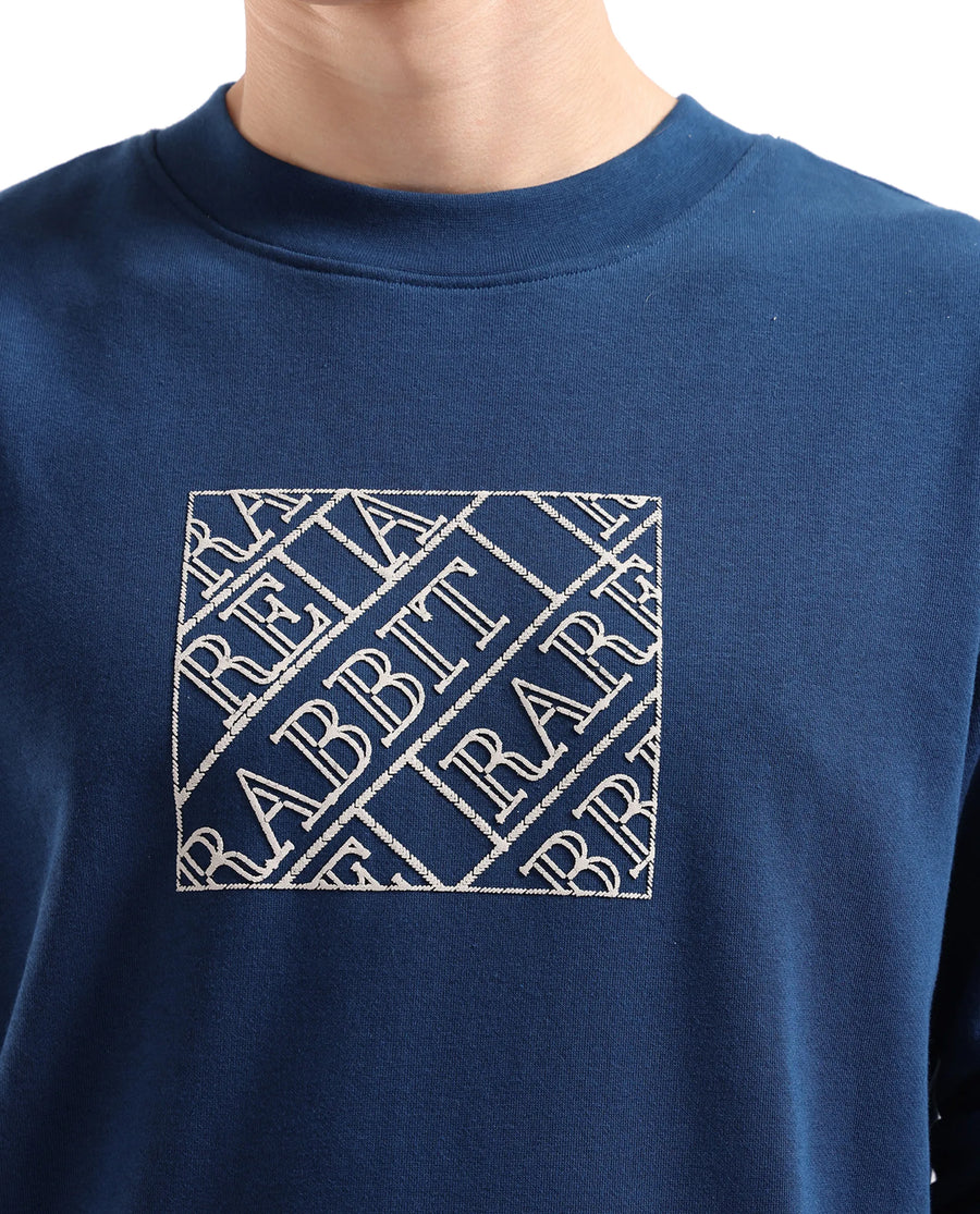Rare Rabbit Men's Axton Dark Blue Cotton Graphic Print Regular Fit Full Sleeve Crew Neck Sweatshirt