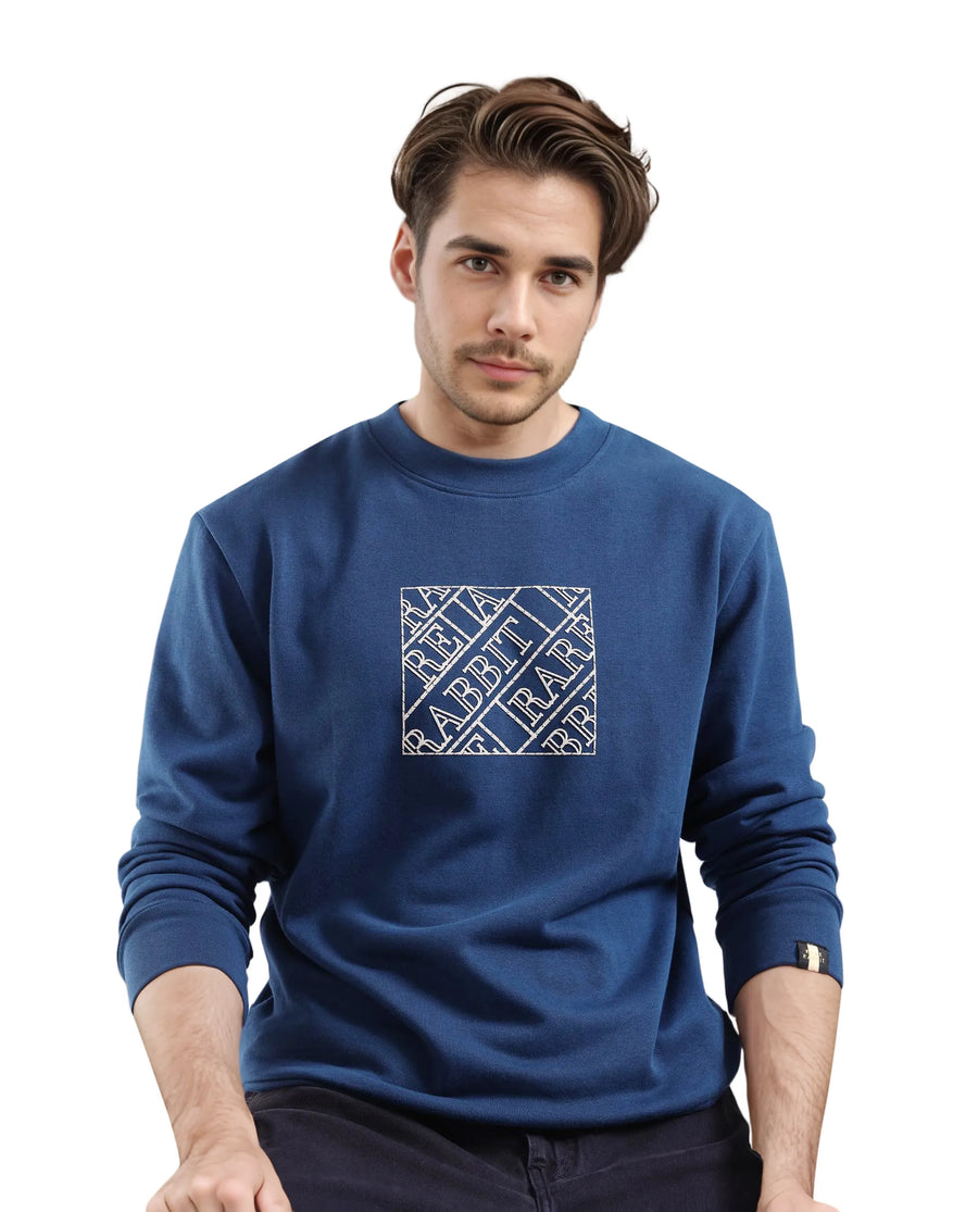 Rare Rabbit Men's Axton Dark Blue Cotton Graphic Print Regular Fit Full Sleeve Crew Neck Sweatshirt