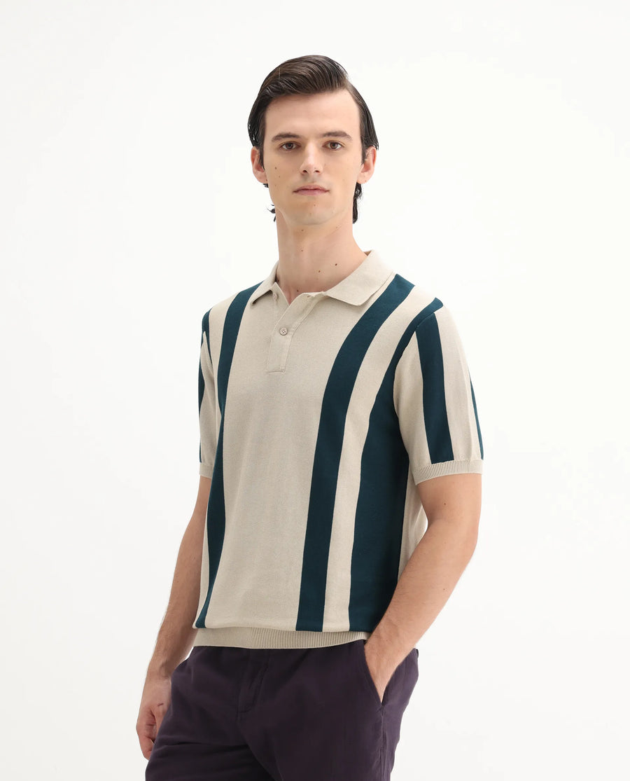 Rare Rabbit Men's Axton Light Beige Cotton Striped Print Regular Fit Half Sleeve Polo