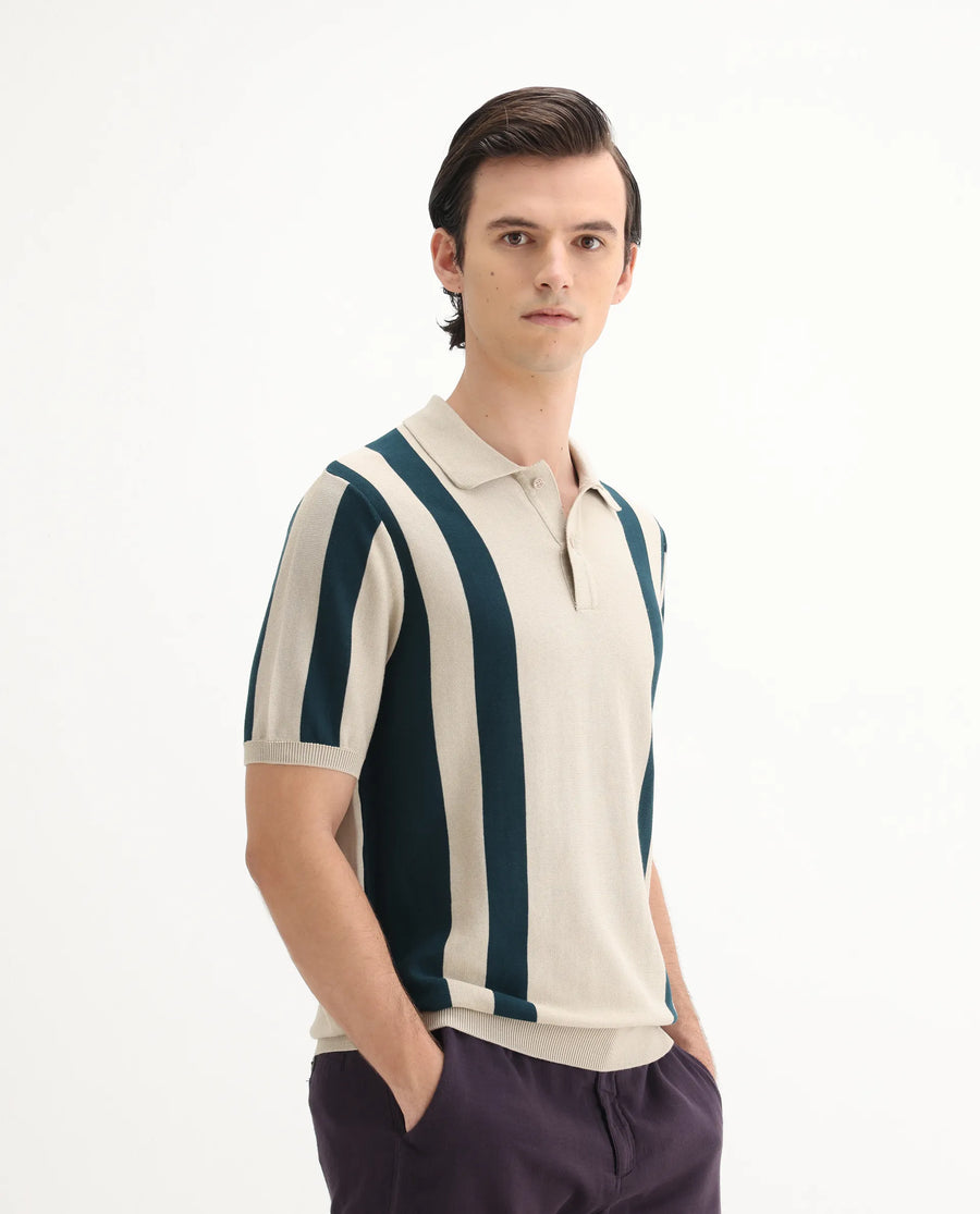 Rare Rabbit Men's Axton Light Beige Cotton Striped Print Regular Fit Half Sleeve Polo