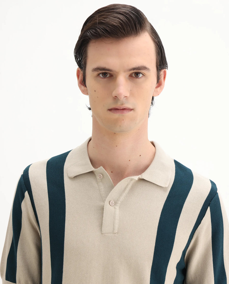 Rare Rabbit Men's Axton Light Beige Cotton Striped Print Regular Fit Half Sleeve Polo
