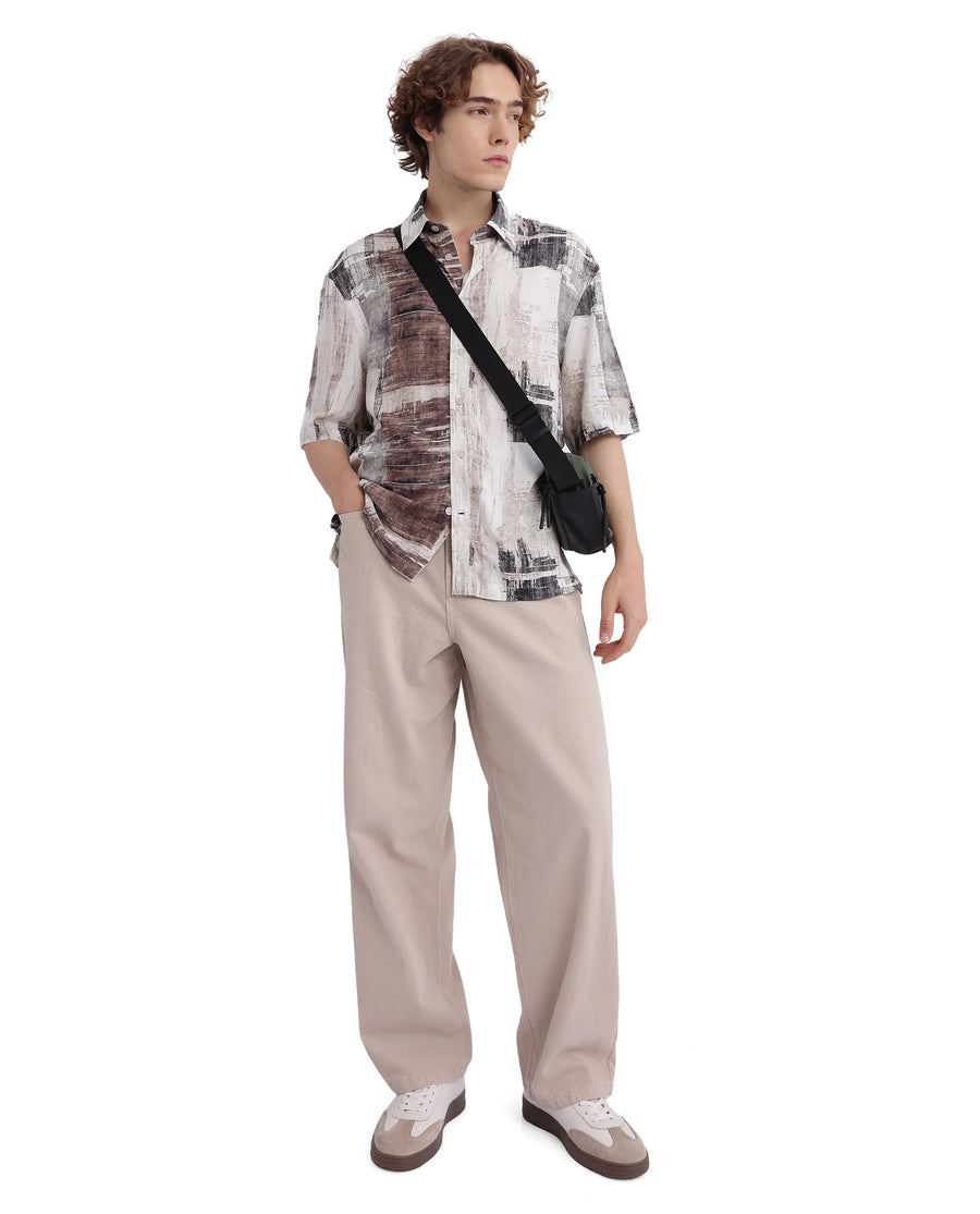 Rare Rabbit Men's Azah Dusky Beige Viscose Abstract Print Boxy Fit Half Sleeve Collared Shirt