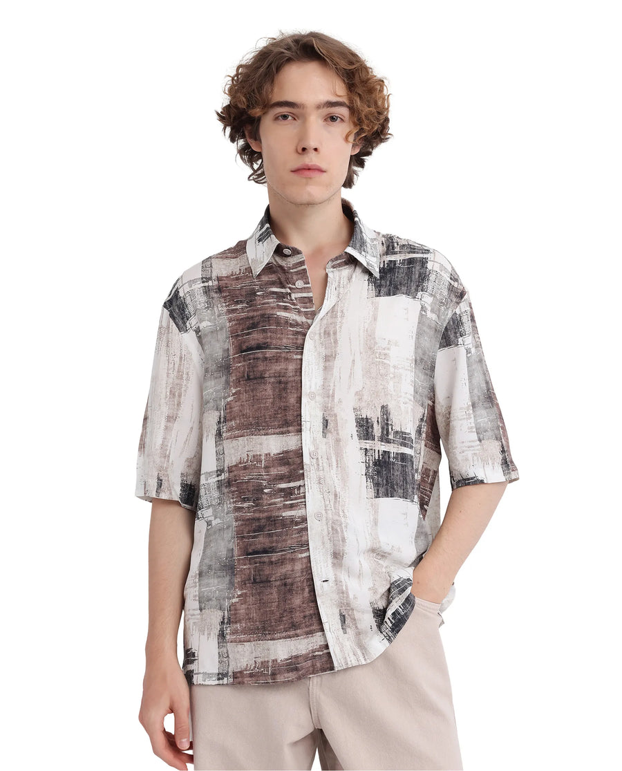 Rare Rabbit Men's Azah Dusky Beige Viscose Abstract Print Boxy Fit Half Sleeve Collared Shirt