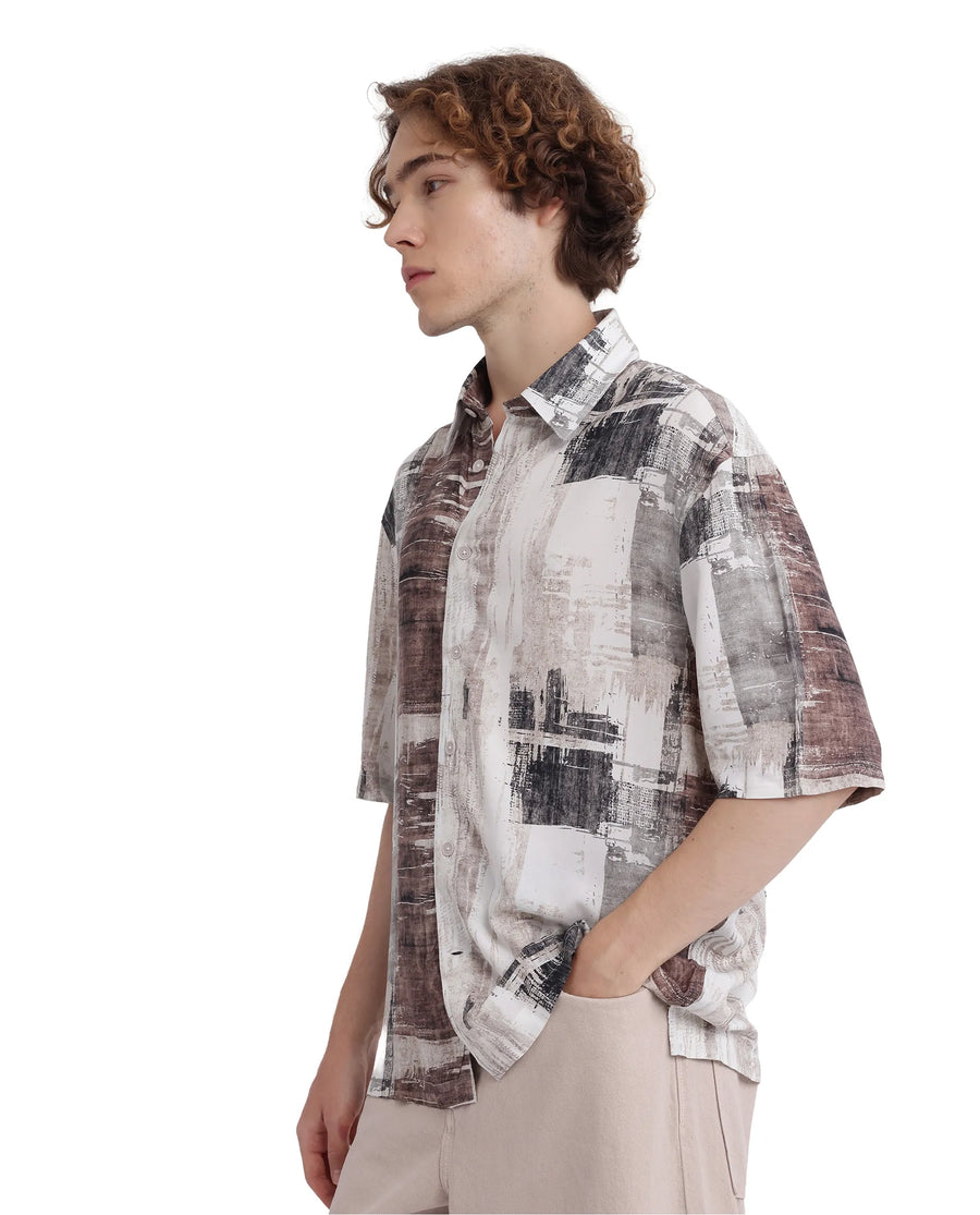 Rare Rabbit Men's Azah Dusky Beige Viscose Abstract Print Boxy Fit Half Sleeve Collared Shirt