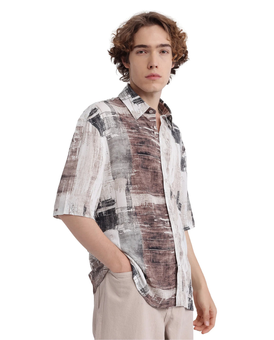 Rare Rabbit Men's Azah Dusky Beige Viscose Abstract Print Boxy Fit Half Sleeve Collared Shirt