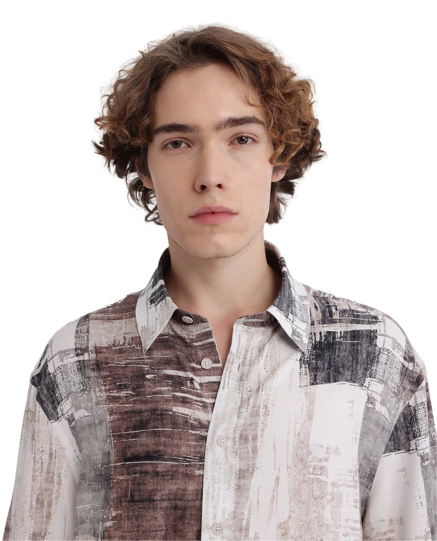 Rare Rabbit Men's Azah Dusky Beige Viscose Abstract Print Boxy Fit Half Sleeve Collared Shirt