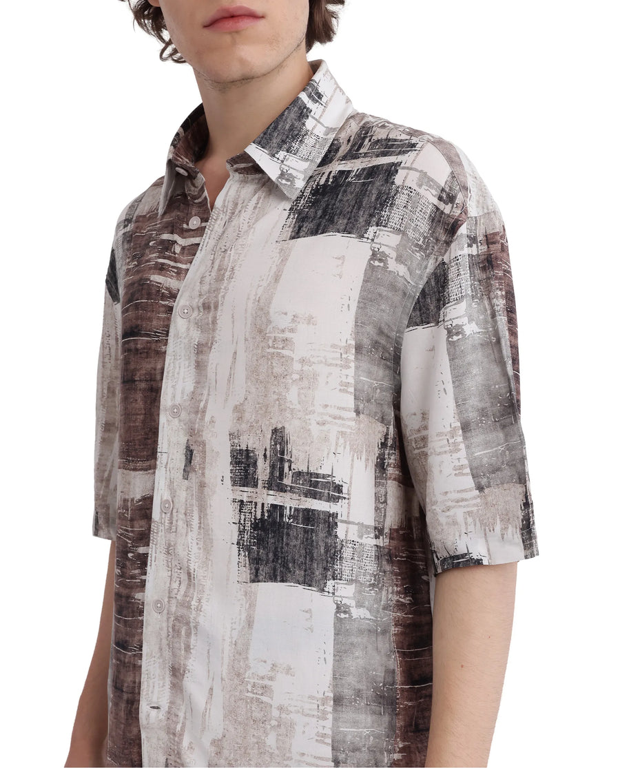 Rare Rabbit Men's Azah Dusky Beige Viscose Abstract Print Boxy Fit Half Sleeve Collared Shirt
