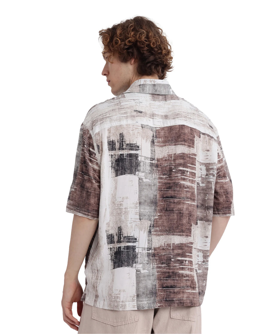 Rare Rabbit Men's Azah Dusky Beige Viscose Abstract Print Boxy Fit Half Sleeve Collared Shirt