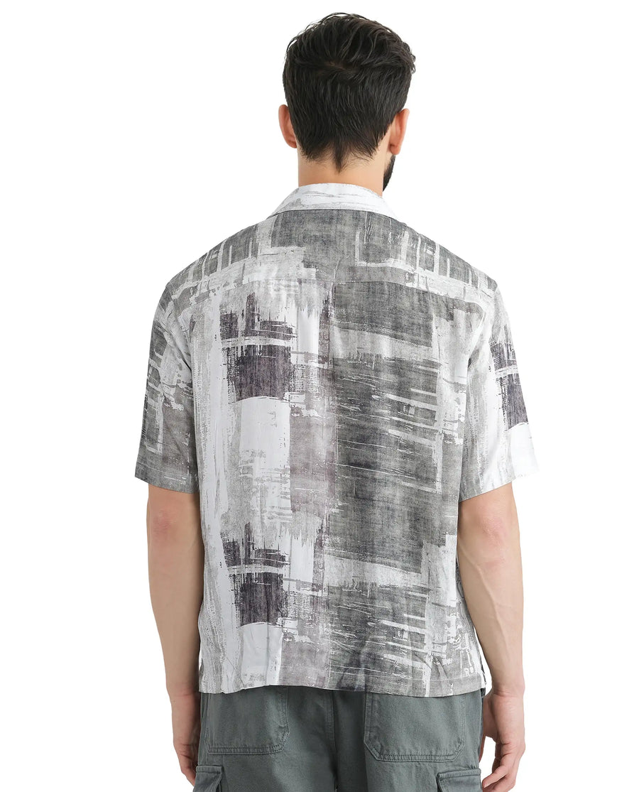 Rare Rabbit Men's Azah Dusky Green Viscose Abstract Print Boxy Fit Half Sleeve Collared Shirt