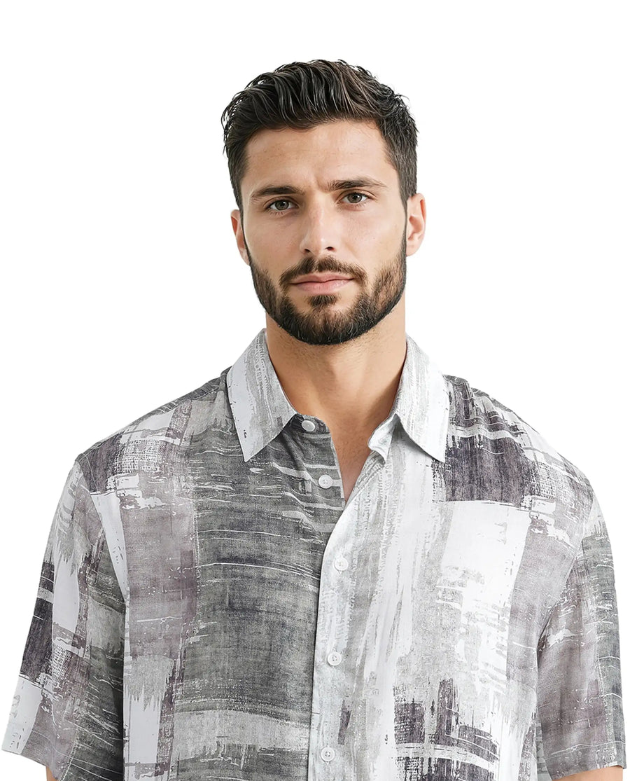 Rare Rabbit Men's Azah Dusky Green Viscose Abstract Print Boxy Fit Half Sleeve Collared Shirt