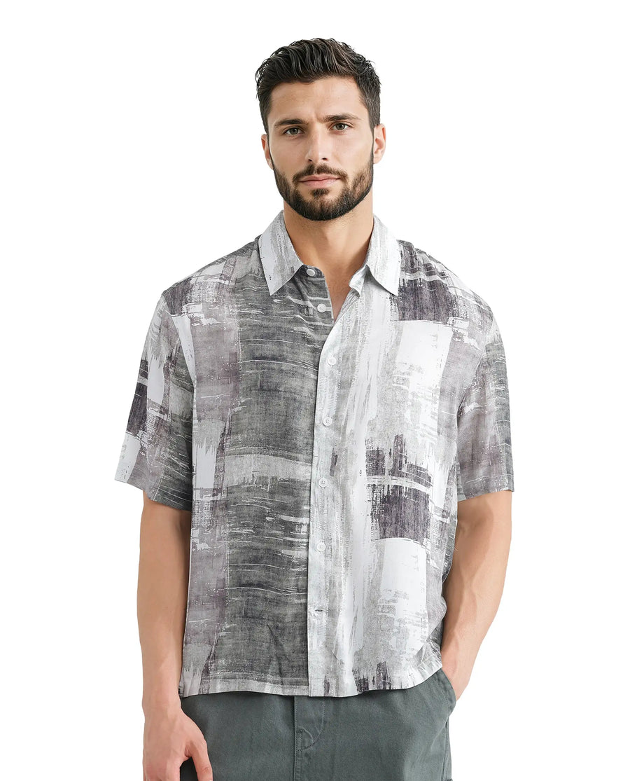 Rare Rabbit Men's Azah Dusky Green Viscose Abstract Print Boxy Fit Half Sleeve Collared Shirt