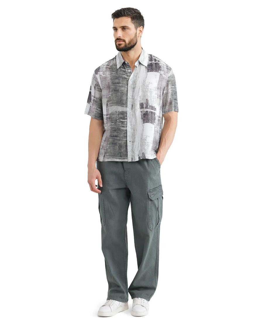 Rare Rabbit Men's Azah Dusky Green Viscose Abstract Print Boxy Fit Half Sleeve Collared Shirt