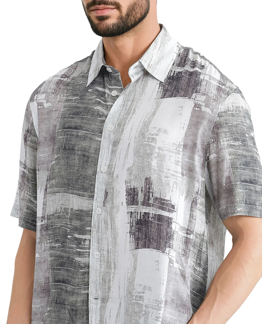 Rare Rabbit Men's Azah Dusky Green Viscose Abstract Print Boxy Fit Half Sleeve Collared Shirt