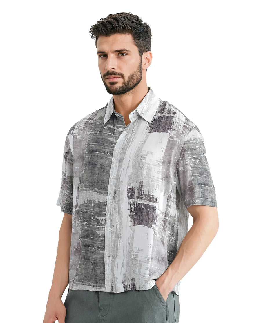 Rare Rabbit Men's Azah Dusky Green Viscose Abstract Print Boxy Fit Half Sleeve Collared Shirt