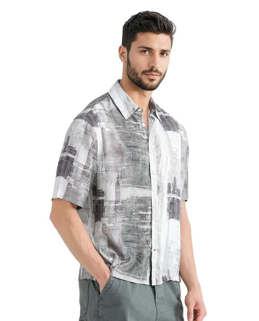 Rare Rabbit Men's Azah Dusky Green Viscose Abstract Print Boxy Fit Half Sleeve Collared Shirt