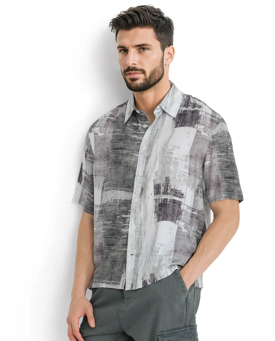 Rare Rabbit Men's Azah Dusky Green Viscose Abstract Print Boxy Fit Half Sleeve Collared Shirt